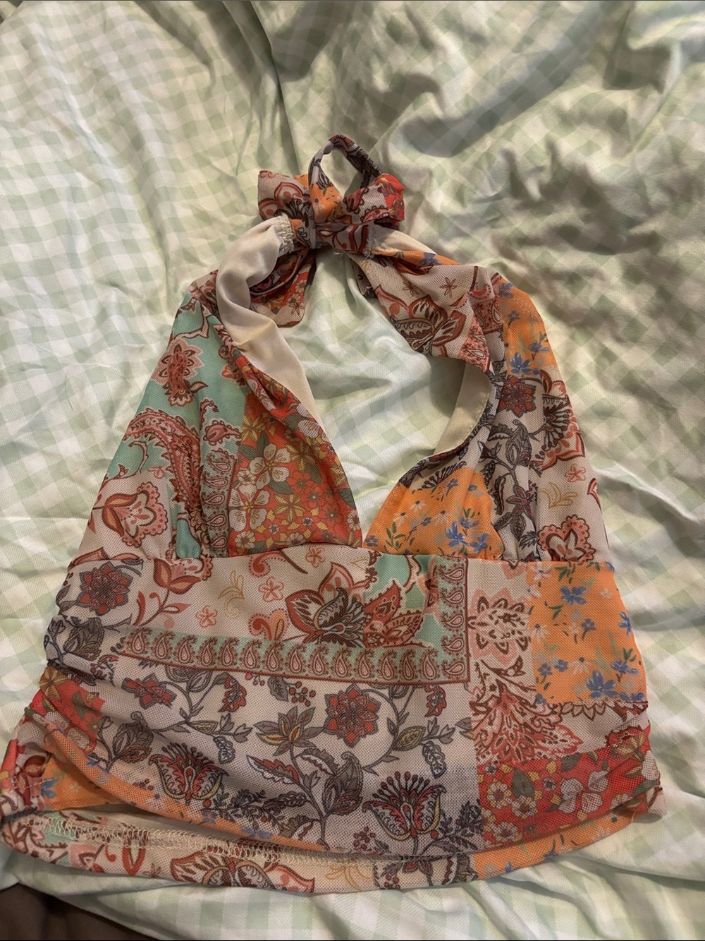 SHEIN Mint, Orange & Cream Floral Patchwork Halter Crop Top